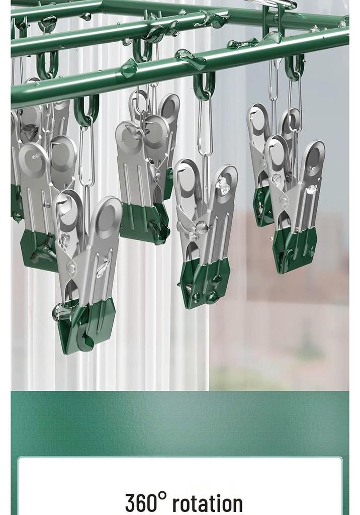 Rotatable Stainless Steel Clothes Drying Rack with 18 Windproof Rubber-Coated Clips for Socks and Underwear