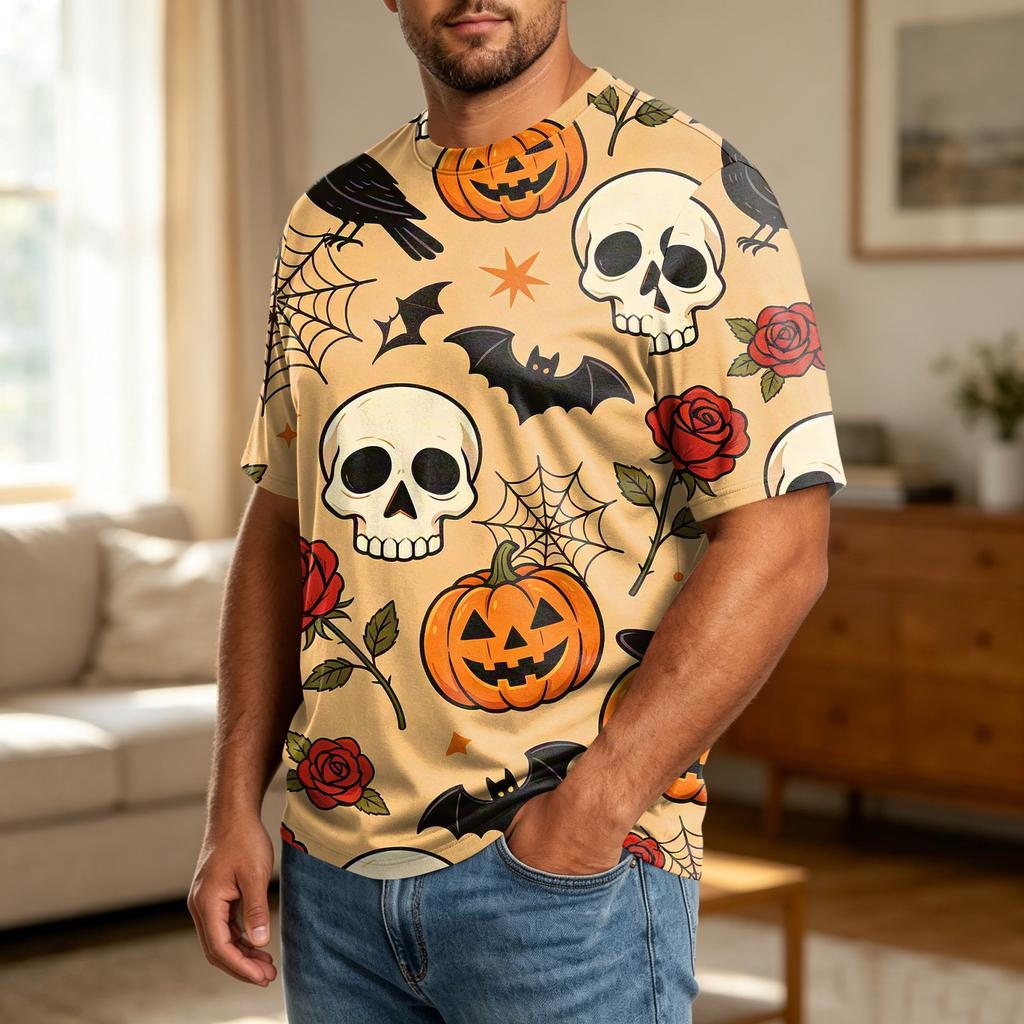 Men's Halloween Print Plus Size Comfortable Breathable Casual Loose Fit T Shirt Top Suitable for Daily Wear and Seasonal Events