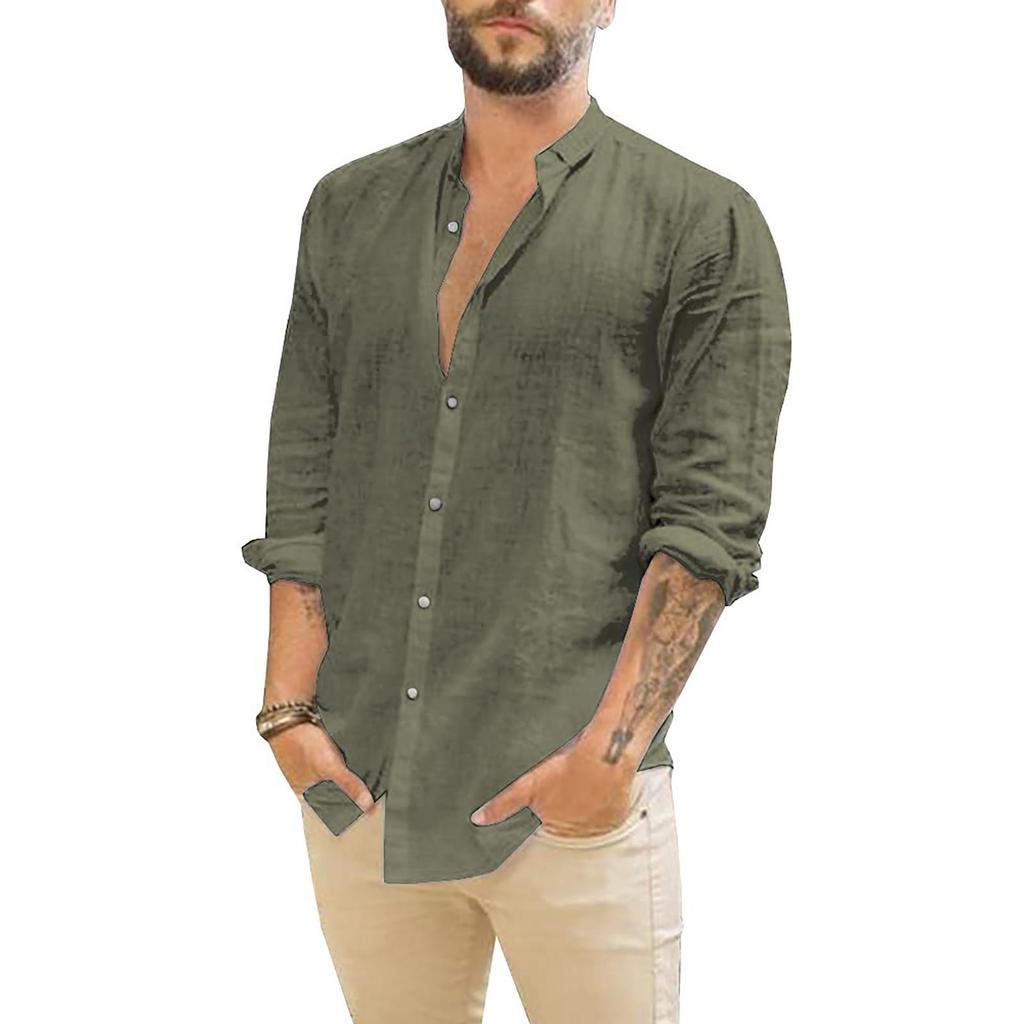Men's Linen Cardigan Solid Color Casual Stand-Up Collar Long Sleeve Shirt