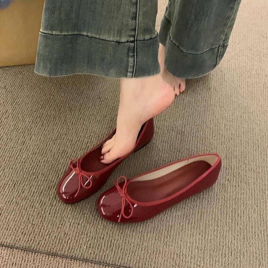 Bow Fairy Shallow Mouth Single Shoes Female Spring and Autumn New French Retro Gentle Niche Evening Breeze Flat-soled Beanie Shoes