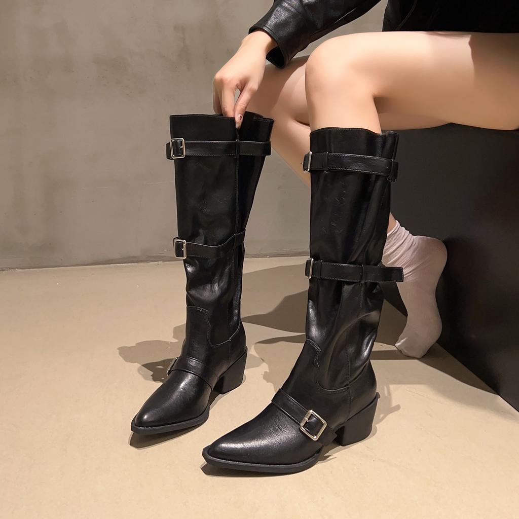 Fashion Pointed Folded Knight Boots Women's Spice Girls Belt Buckle Big Tube Pile Boots But Knee Wide Boots Long Boots