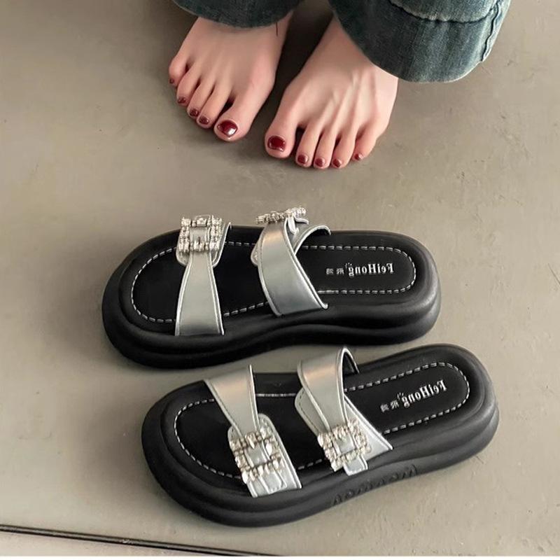 Fashion high-end thick-bottomed rhinestone buckle with one-word drag women's new summer wear with skirt sandals tide