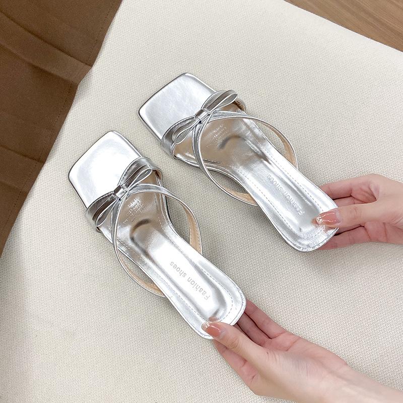 2025 New Fairy Style Bow-tied Cool Slippers, Summer with Skirt Square Head Thick Heel Silver Cool Slippers