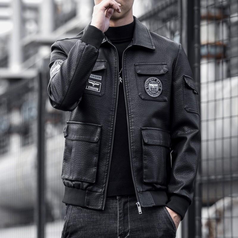 Mens Plus Size Winter PU Leather Jacket Fleece Lined Thickened Biker Coat Slim Fit Embroidered Trendy Streetwear