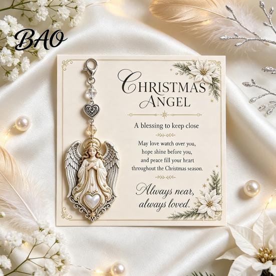 Stylish Key Holder for Women Christmas Keychain with Blessing Greeting Card, Vintage Metal Holiday Party Decoration Gift Charm Pendant, Bag Accessory,