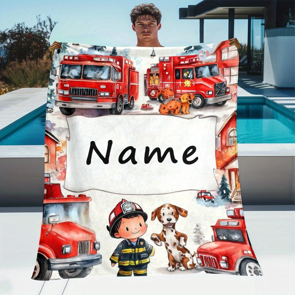Customize Custom Fire Truck Throw Blanket - Cozy Flannel, Name, Bright Cartoon Style Featuring Firefighters And Dog