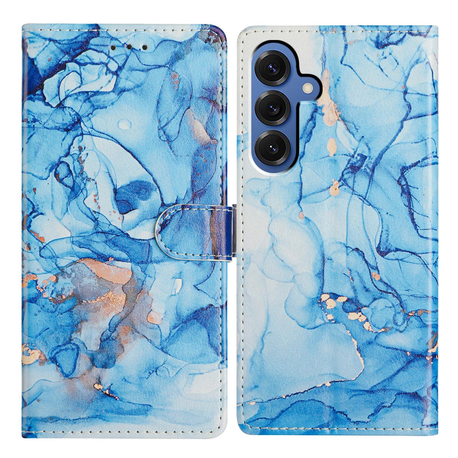 

For Samsung Galaxy S25 FE Case Pattern Printing Wallet Stand Flip Leather Phone Cover with Strap Blue Marble