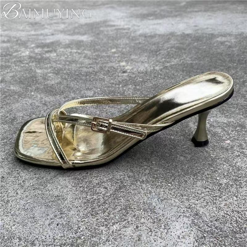 Fashion Women Slippers Square Toe Flip Flops Loafers Casual Shoes Woman Heeled Sandals Summer 2025 Trend Luxury Dress Clip Toe Slides