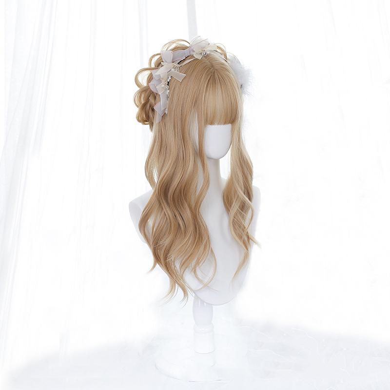 Bybrana Long Natural Wavy Platinum Blonde Wigs with Bangs Cosplay Party Lolita Synthetic Wigs for Women Heat Resistant Fiber