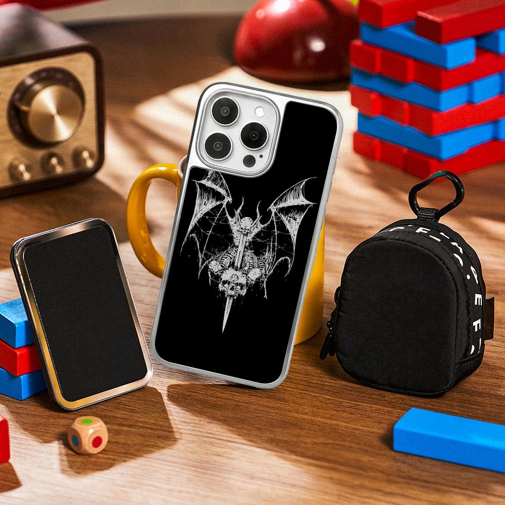Demon Cool Hip-hop Pattern Design Phone Case for iPhone 16 15 14 13 12 11 Pro Max Sheepskin Silver-edged Protective Case