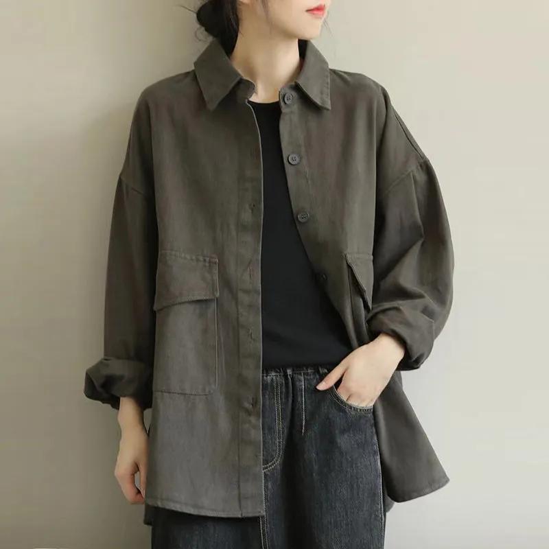 Women Autumn Vintage Style Long Sleeve Big Pockets Outerwear Shirts Solid Color Loose Casual Tops