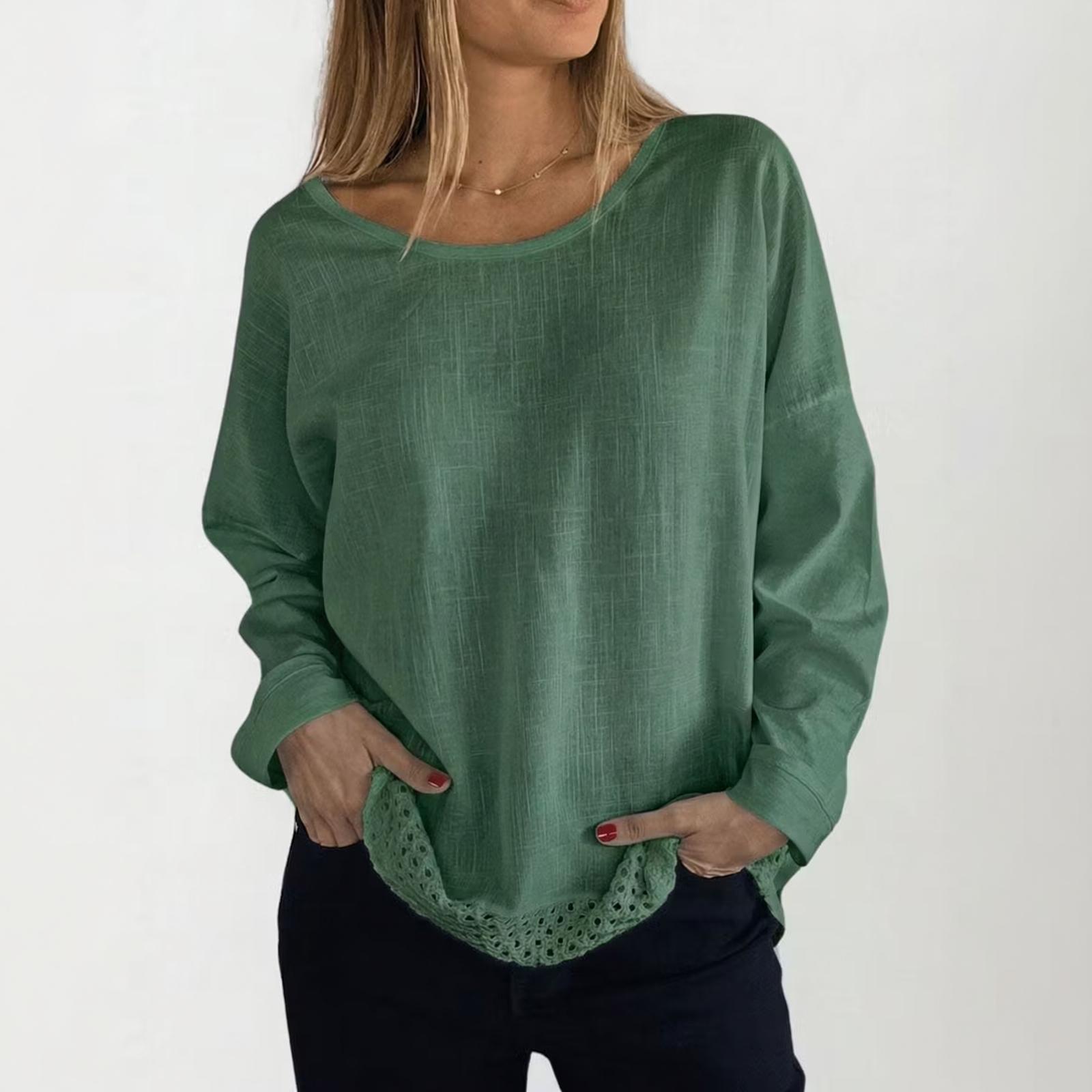 Women s Elegant Color Lace Trim Long Sleeve Round Neck Blouse L