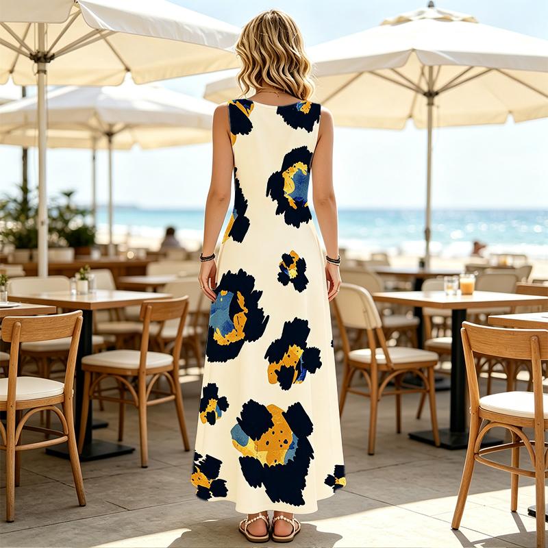 A-Line Sleeveless Maxi Dress,Loose Fit Lightweight Big Floral Design,Versatile Casual Dress for Daily,Outdoor,Vacation,Ideal for Spring Fall Layering