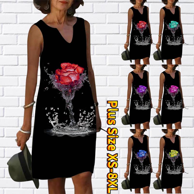

Женское летнее платье с v-образным вырезом и принтом красной розы, повседневное модное платье без рукавов, повседневное свободное сексуальное платье размера плюс XS-8XL