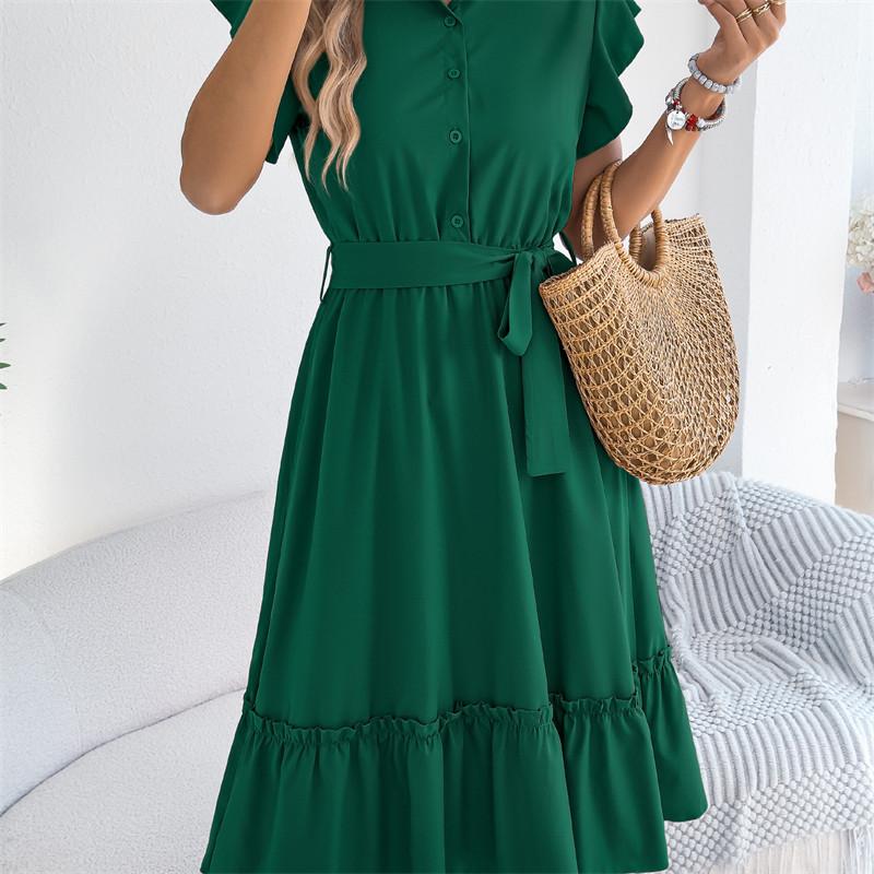 2026 Spring/Summer Women's Stand up Collar Ruffle Lace Waist Shirt Skirt S-XL