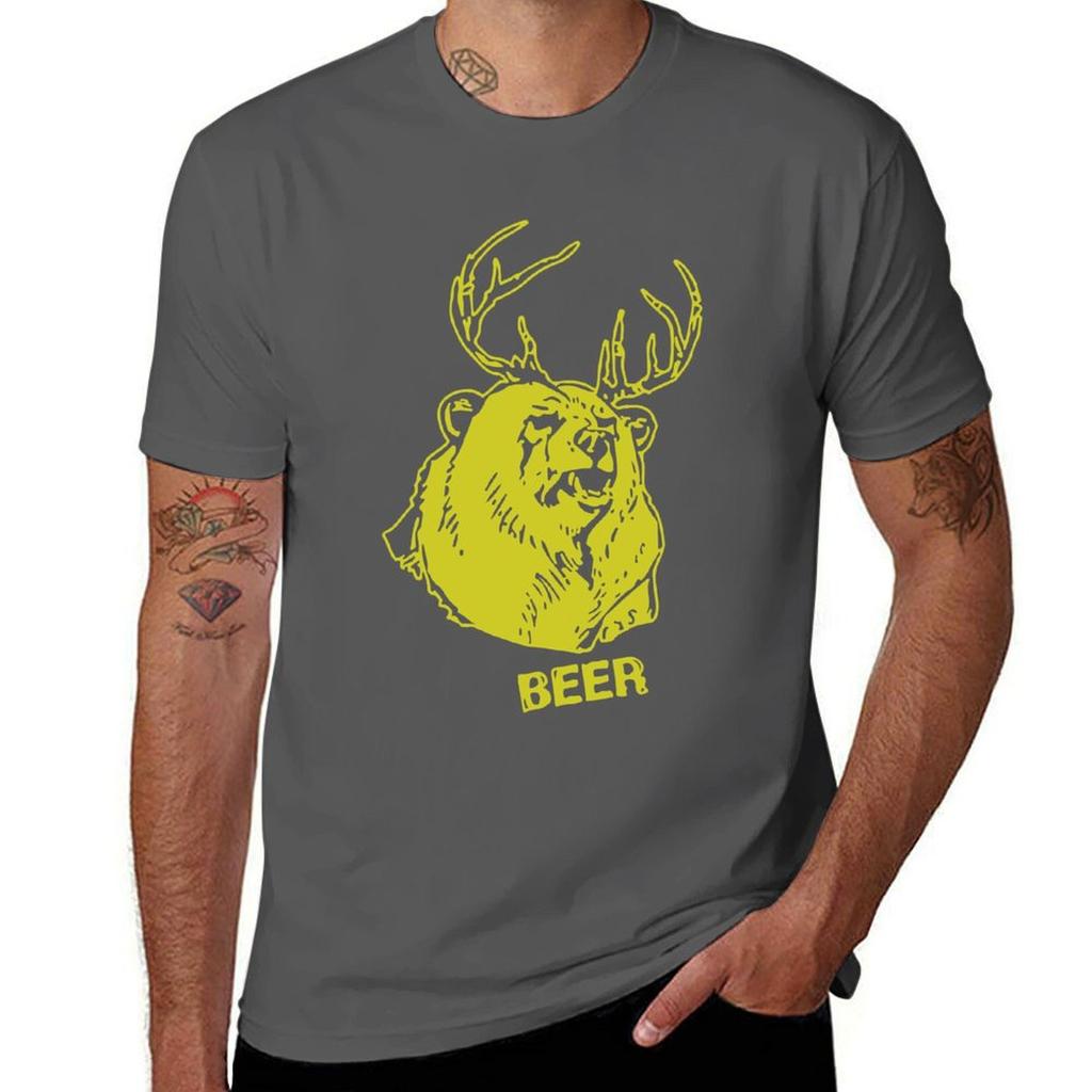 Unisex Funny Bear Deer Hybrid Graphic Print T Shirt O Neck Short Sleeve Black Cotton Casual Tees With Beer Lettering Tops For Male