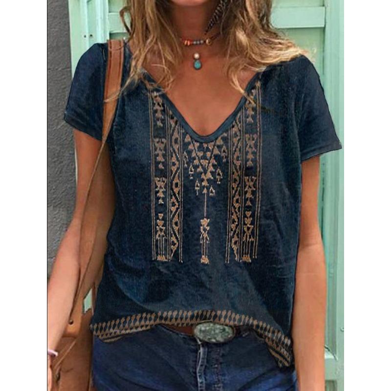 Summer V-neck 3D Retro Ethnic Style Printed Top Fashionable Casual Short Sleeved Women's T-shirts
