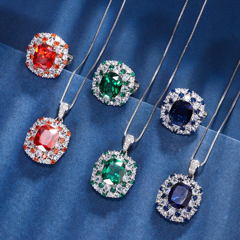 Jewelry Copper Bottom Gold Plated Jewelry Set Simulation Color Treasure Fat Square Color Diamond Set Female Main Stone 10 * 12