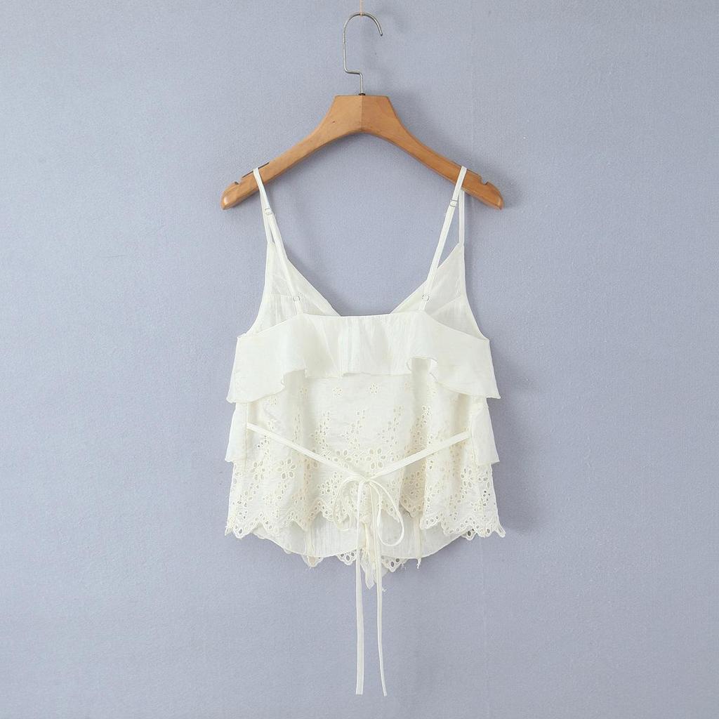 Retro-Chic-Top mit V-Ausschnitt, Stickerei und Lochmuster