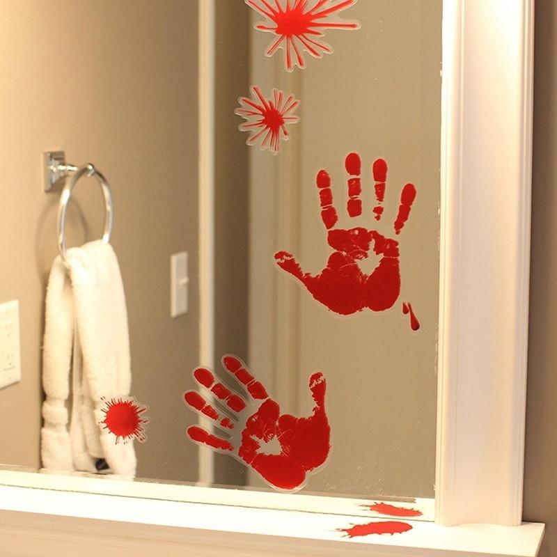 Adesivo de vidro para janela de mão e pé de sangue horrível de Halloween Adesivo de parede para sala de estar e quarto Halloween C