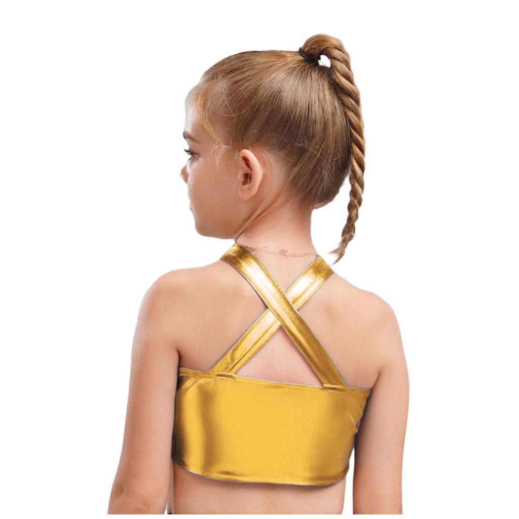 Girls Sparkly Sequins Metallic Crop Top Cross Keyhole Jazz Latin Ballroom Dance Costume