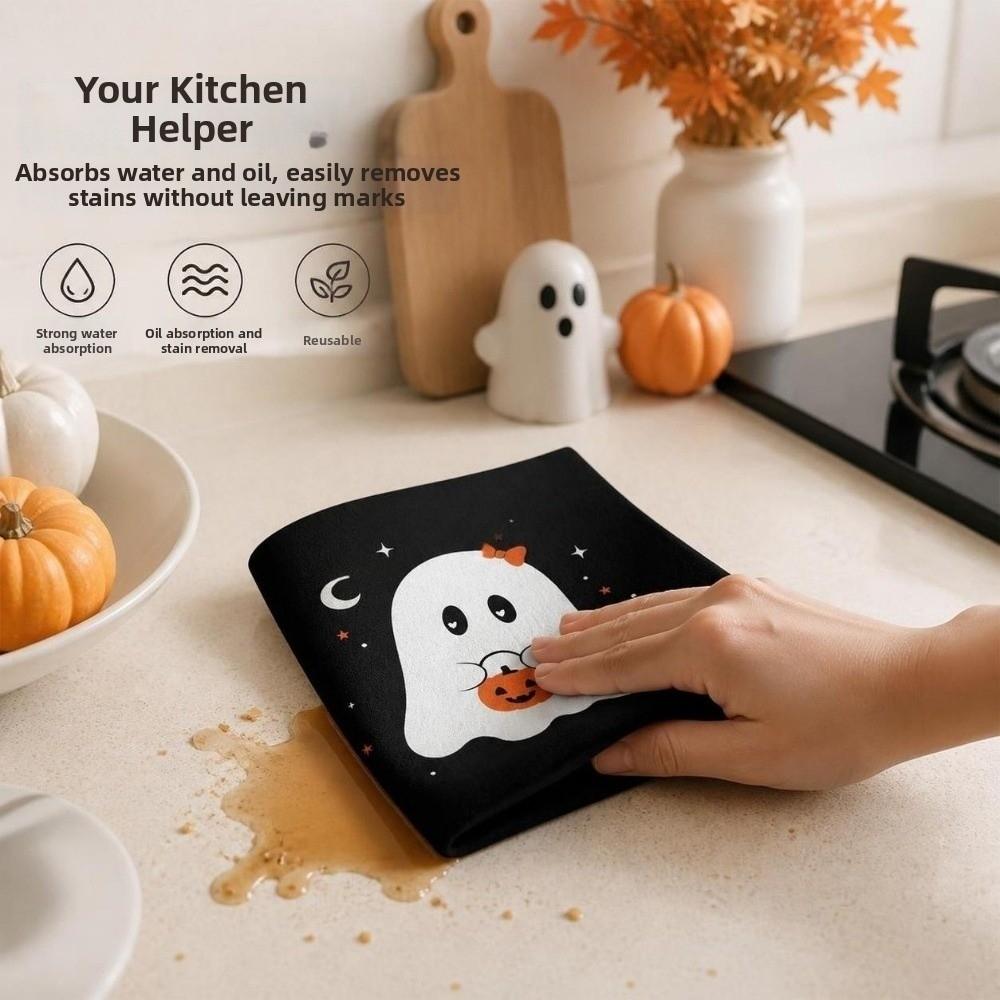 2 pcs Cat Halloween Dish Towels Ghost Dishcloth Halloween Decor Hand Towel  Home Bar