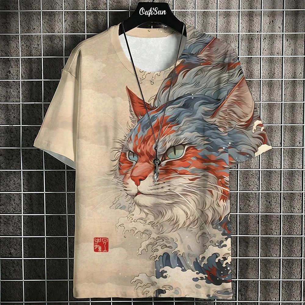 New Trend Cartoon Graphic T Shirt Japanese samurai Ninja Cat 3D Printed Funny Tshirts For Men Clothing Fashion Loose O Neck Tops