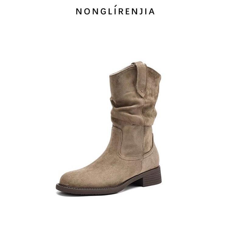 

Fashion Women Pleated High Heeled Ankle Boots Autumn New Pointed Toe Brown Cowboy Boots Woman Pu Leather Botas Shoes 35