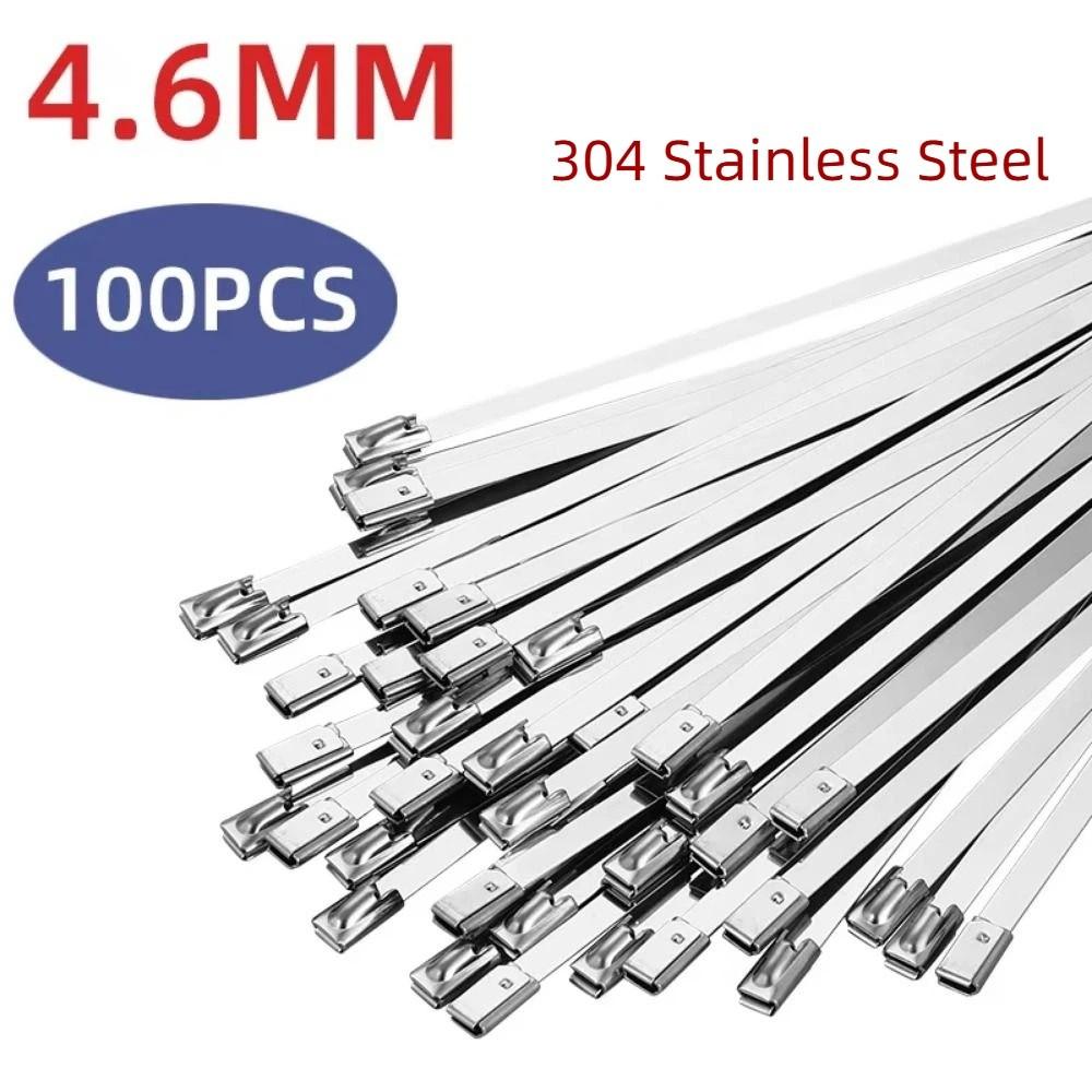 100Pcs 304 Stainless Steel Self-Locking Cable Ties Self-locking Fastening Rings Wiring Harness