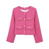European and American style, new women's clothing textured shoulder padded round neck long-sleeved small fragrant jacket 1202416
