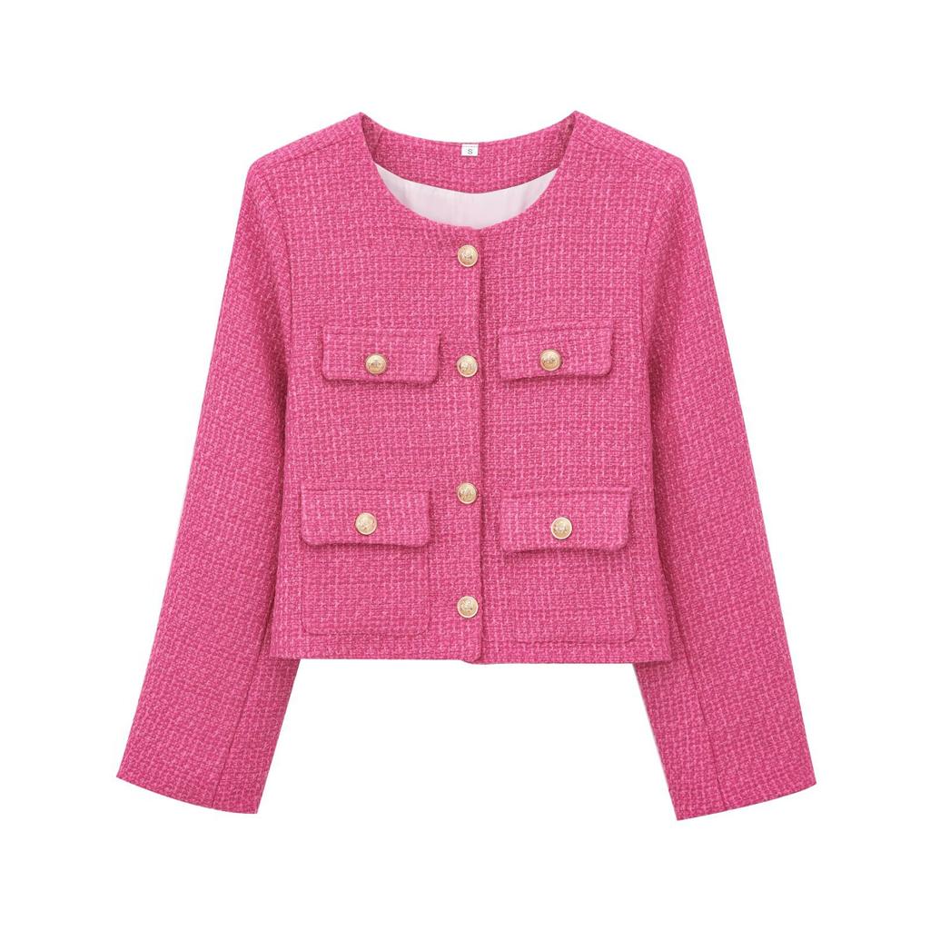 European and American style, new women's clothing textured shoulder padded round neck long-sleeved small fragrant jacket 1202416