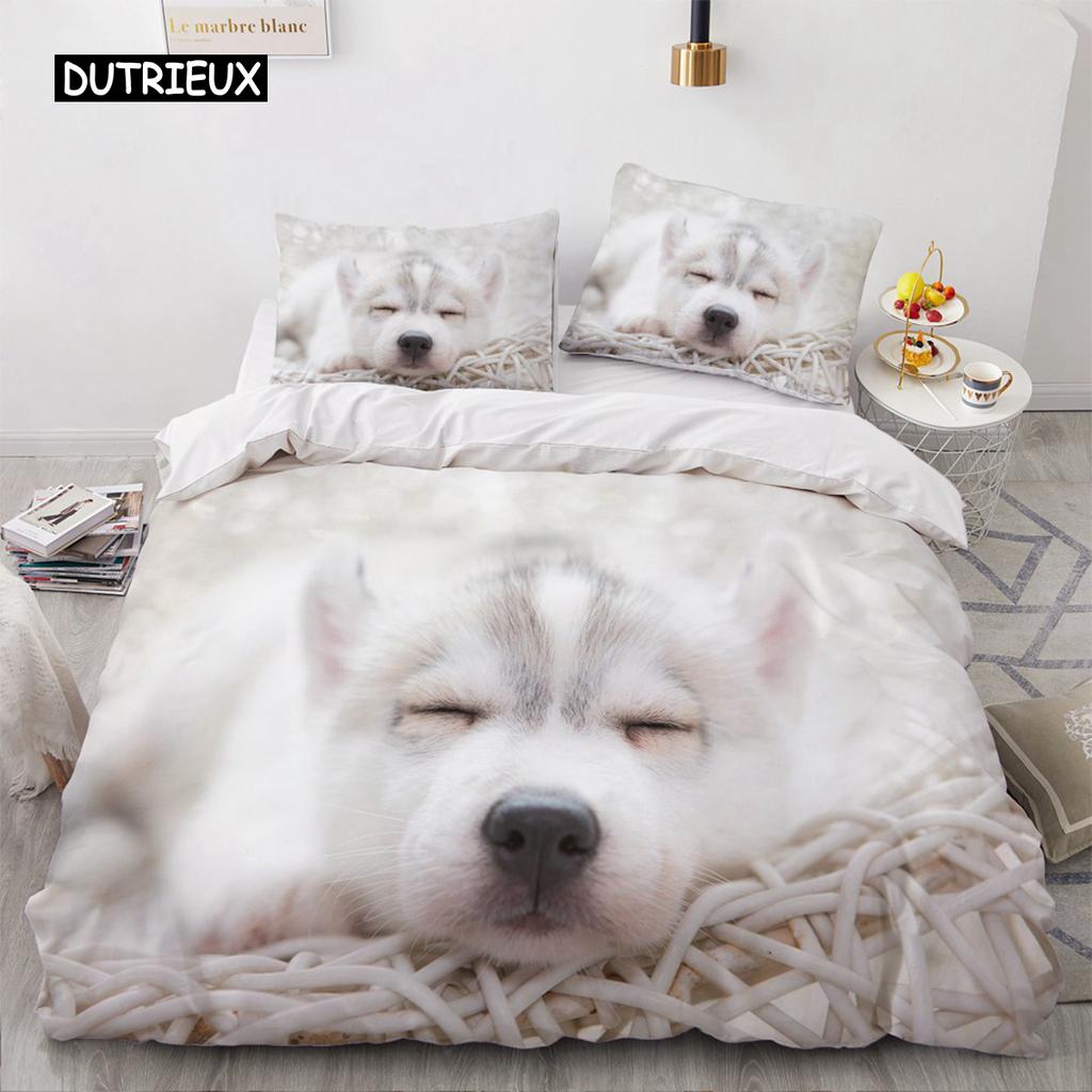 Lovely Animal 3D Bedding Sets White Duvet Quilt Cover Set Comforter Bed Linen Pillowcase King Queen 200*220cm Size Dogs Pets Dog
