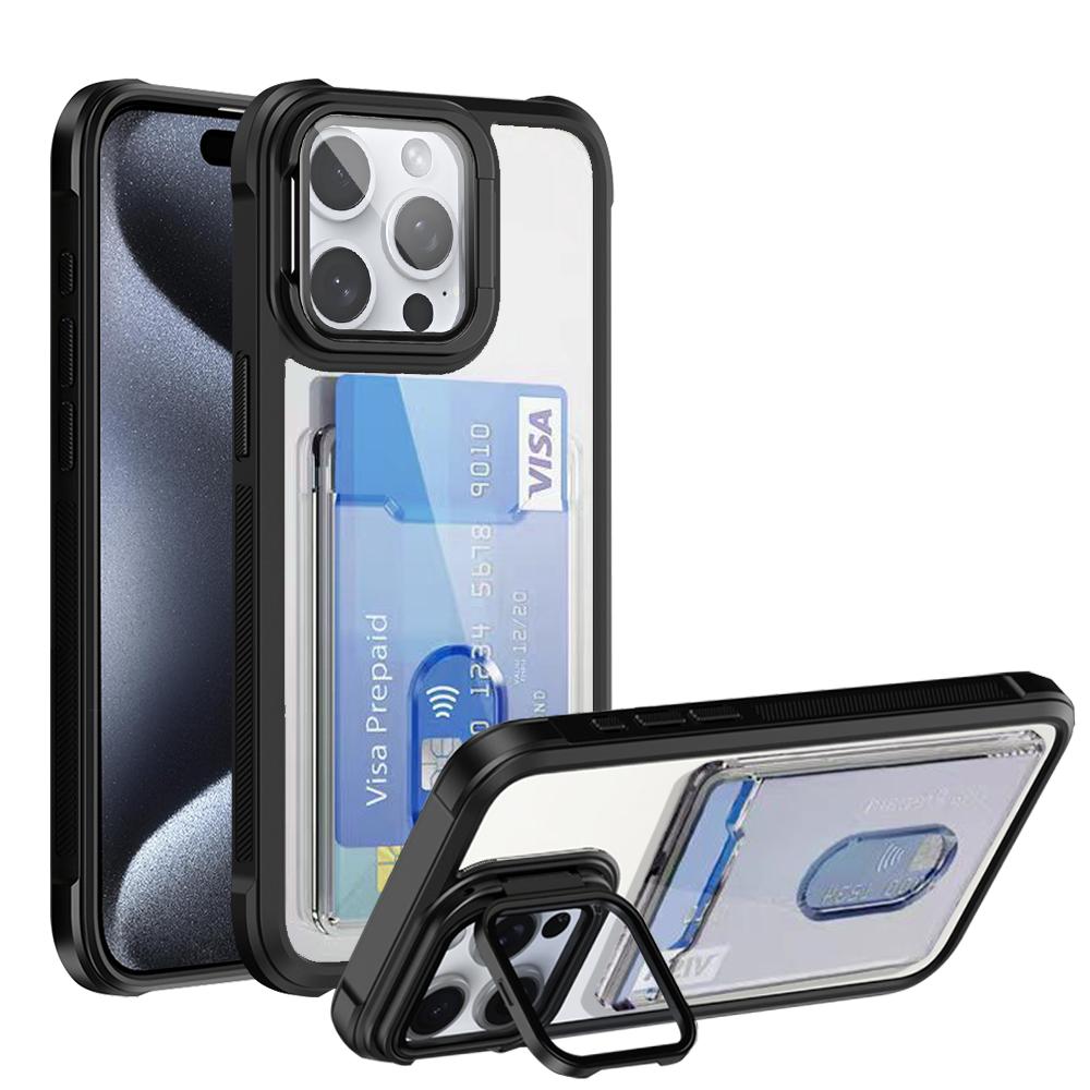Shockproof Acrylic Hard Cover for IPhone 16 Pro Max 15 14 Plus 13 11 Folding Lens Stand Transparent Slot Card Holder Wallet Case