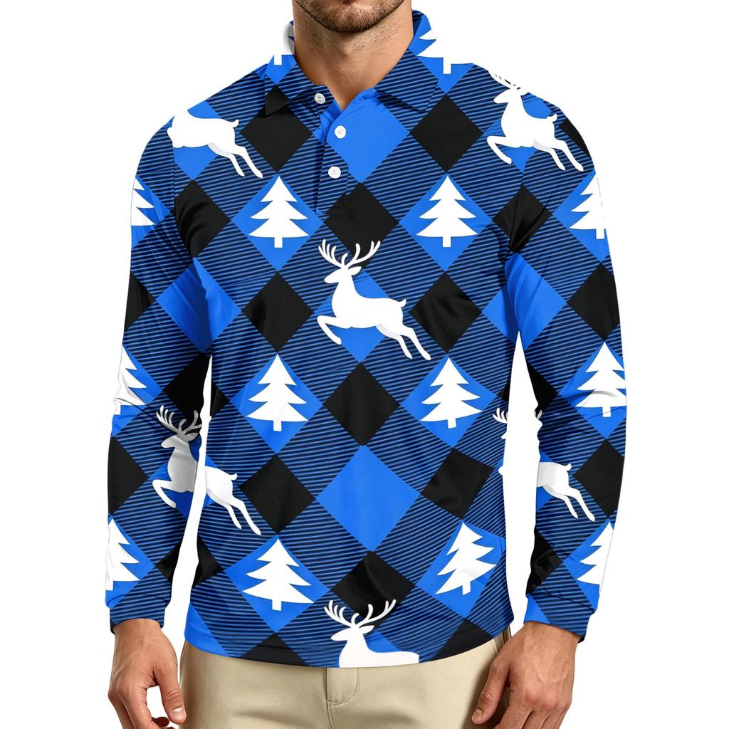 Men's Casual Long Sleeve Neck T-Shirt with Christmas Print for Holiday Party