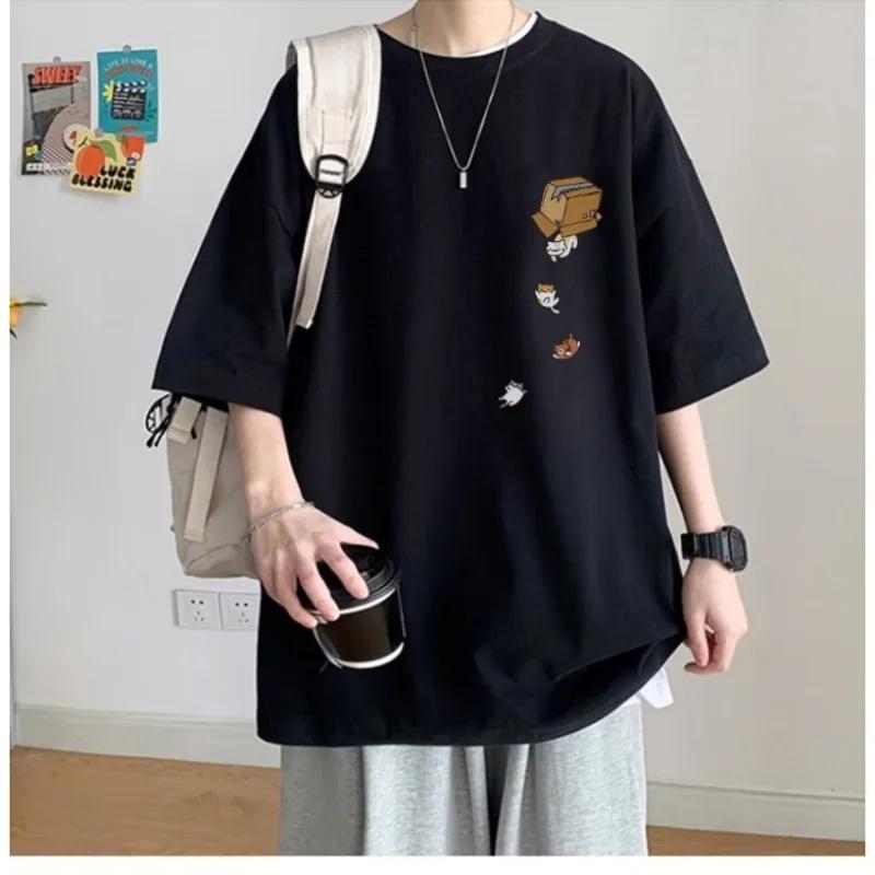 M-5XL Summer Men Oversized Korean Loose Vintage Print Short Sleeve Versatile T-shirt