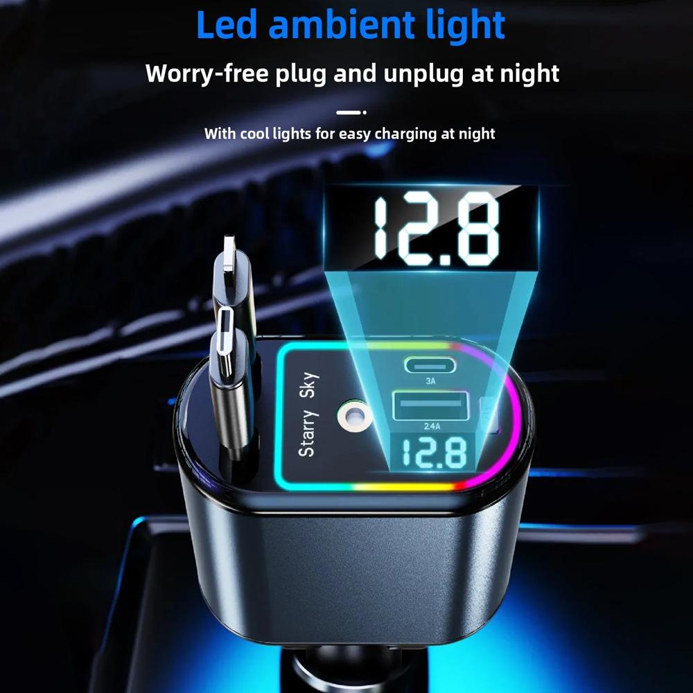 Retractable Car Charger 120W Starry Sky Top Projection Light Four-In-One Type-C+Lightning Dual Wires Usb+Pd Expansion Socket