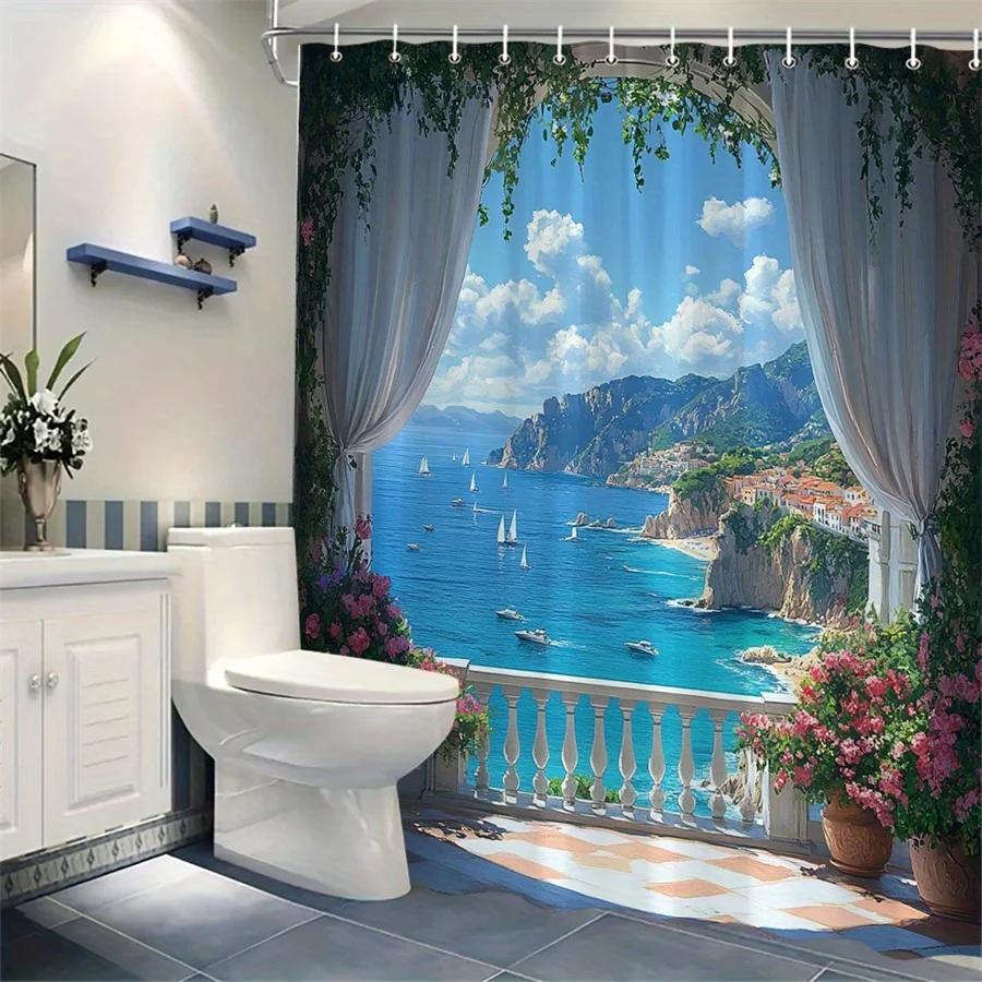 1Pc Coastal Balcony View With Sailboats Shower Curtain - Lush Greenery, Pink Flowers, Turquoise Sea Design, 70.86X70.86In, 12 Ho