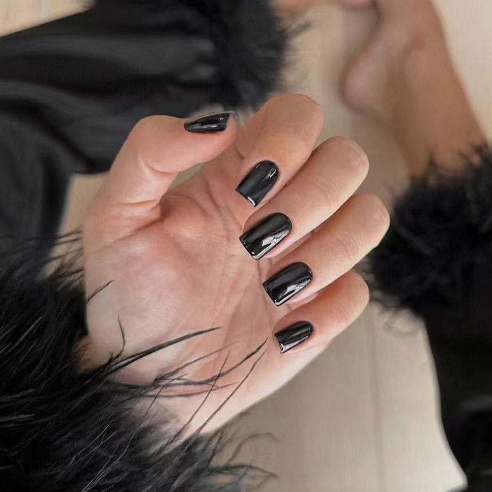 24pcs Black Square Press on Nails Medium Long Fake Nails, 12 Sizes Glossy Acrylic Nails Press on Square Nails Tips Fake Nail Set