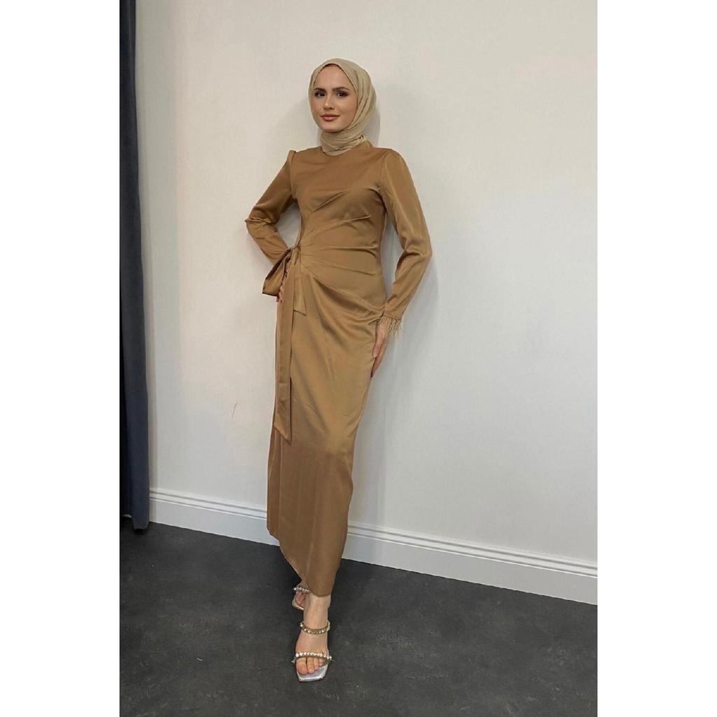 Satin Evening Dress With Sleeve Fringes, Oil Green