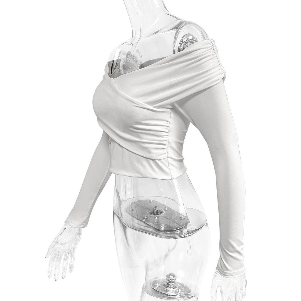 2024 European & American Autumn/Winter Women's Sexy Deep V Long Sleeve Pleated Off-Shoulder Top
