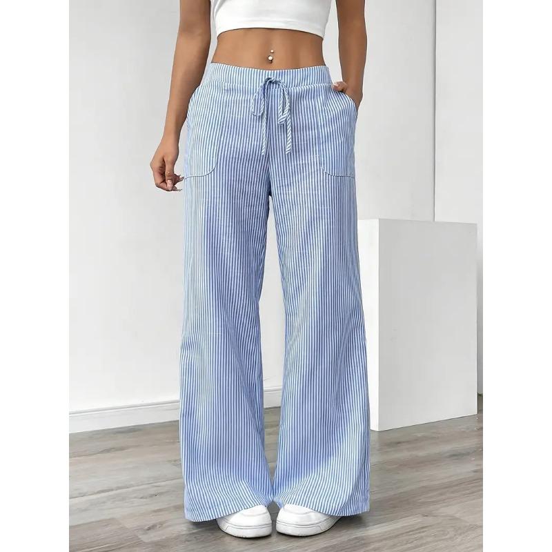 Women Striped Drawstring Wide Leg Casual Summer Pants