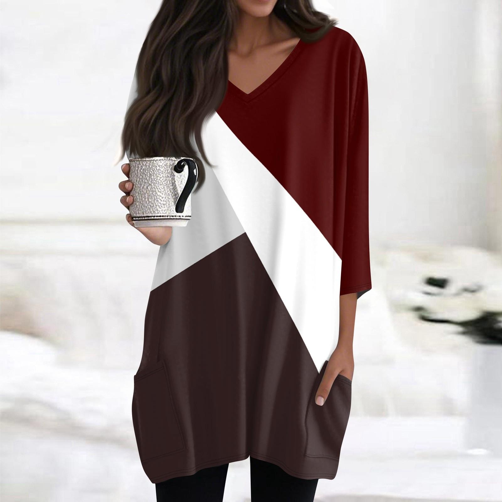 

Жіночі топи з V-подібним вирізом і рукавами 3/4 Блузки Повсякденні сорочки середньої довжини Модні туніки з принтом і кишенями S винний