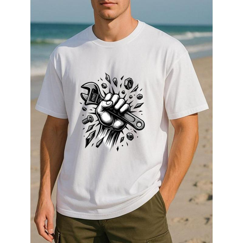 European Sizes A Men's Printed Short-sleeved Hand Holding a Wrench, a New Trendy Men's Wear, Suitable for Gamers and Theme Parties, Team Play