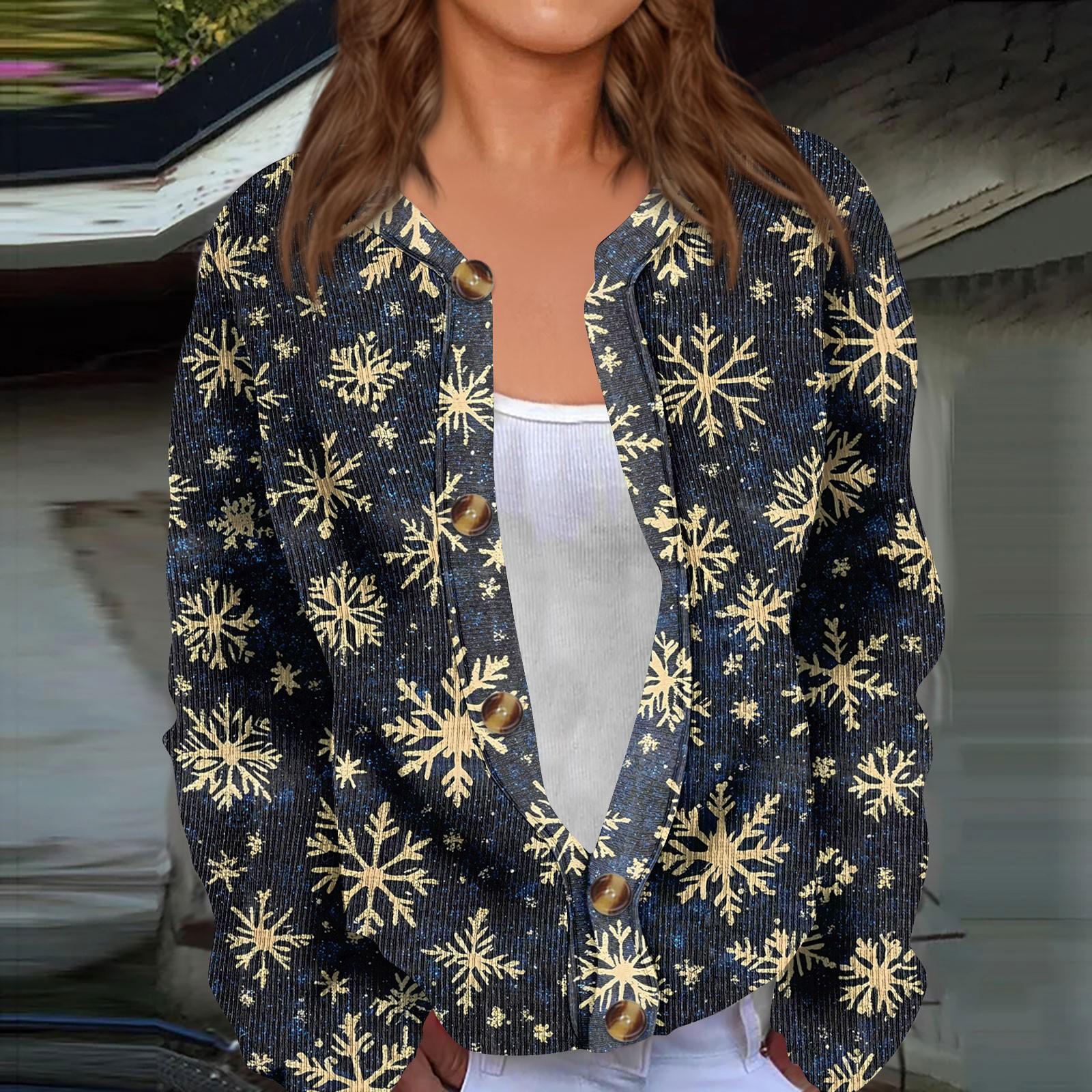 

Модный женский рождественский принт с длинным рукавом вязаный кардиган куртка на пуговицах XXXXL тёмно-синий