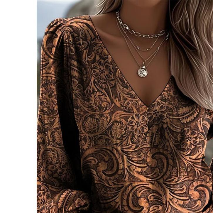 New Women's Vintage Western Pattern Printed V-neck Shirt, Suitable for Summer Vacations and Outdoor Gatherings