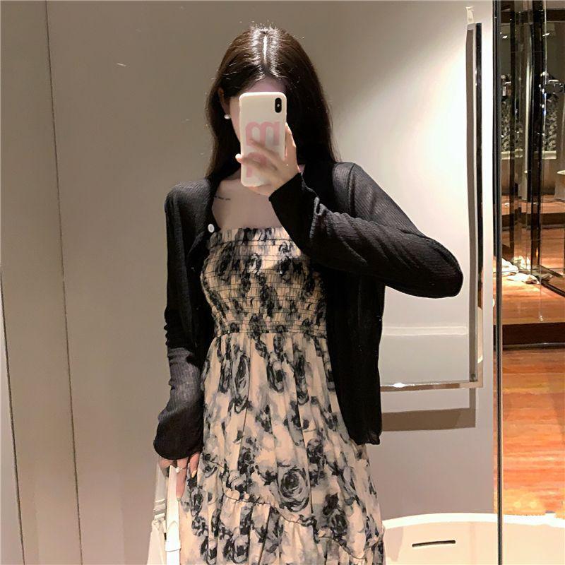 Plus Size French Floral Camisole Dress with Cardigan, Slimming Summer Long Dress for 2026