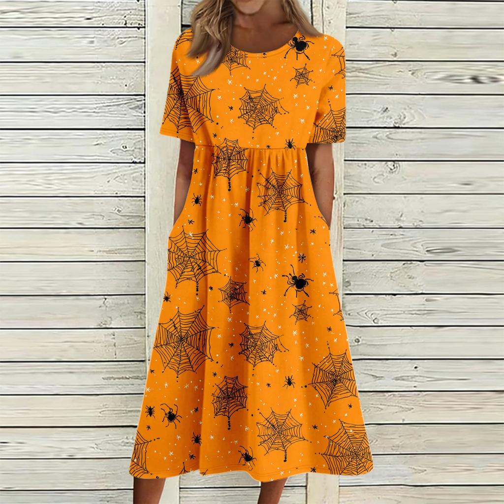 Women's Casual Halloween Printed Dress Short Sleeve Round Neck Pocket Midi Dress Plaid Pattern Comfortable Fit