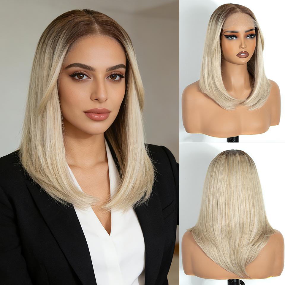 NOBLE 18 Inch 6X4 Synthetic Lace Front Wig Ombre Blonde Brown Roots Straight Natural Hairline Heat Resistant For White Women