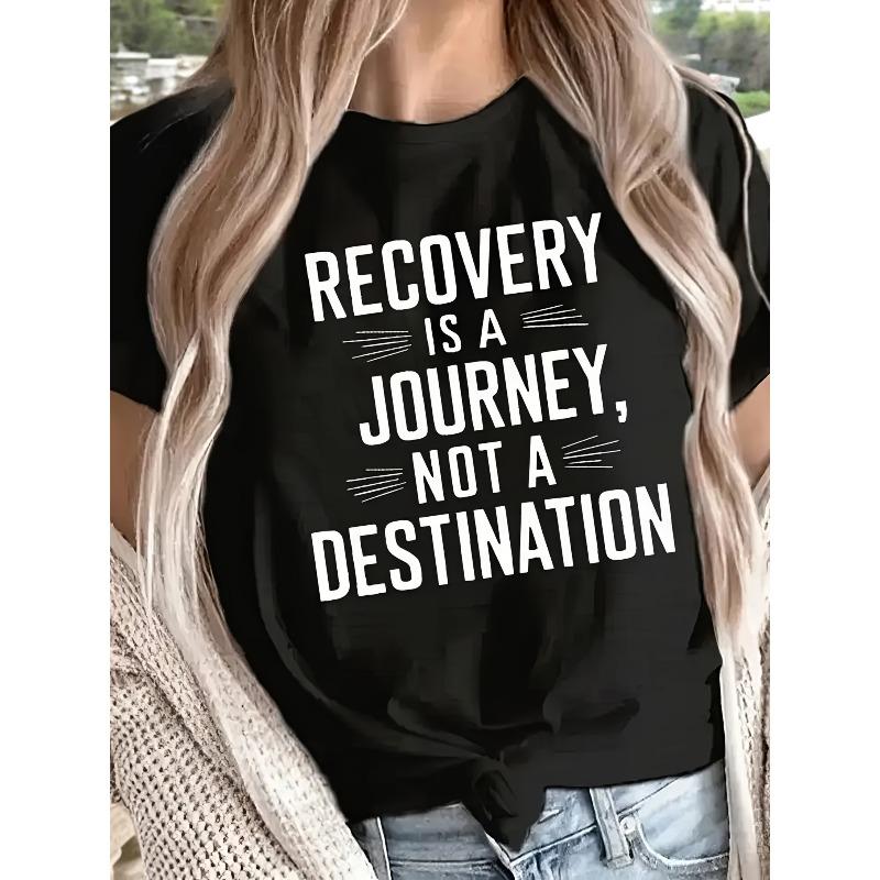 

Women s Graphic Print T-Shirt - Recovery is a Journey Design, Short Sleeve Crew Neck Casual Top for Summer & Spring, Machine Washable S чёрный