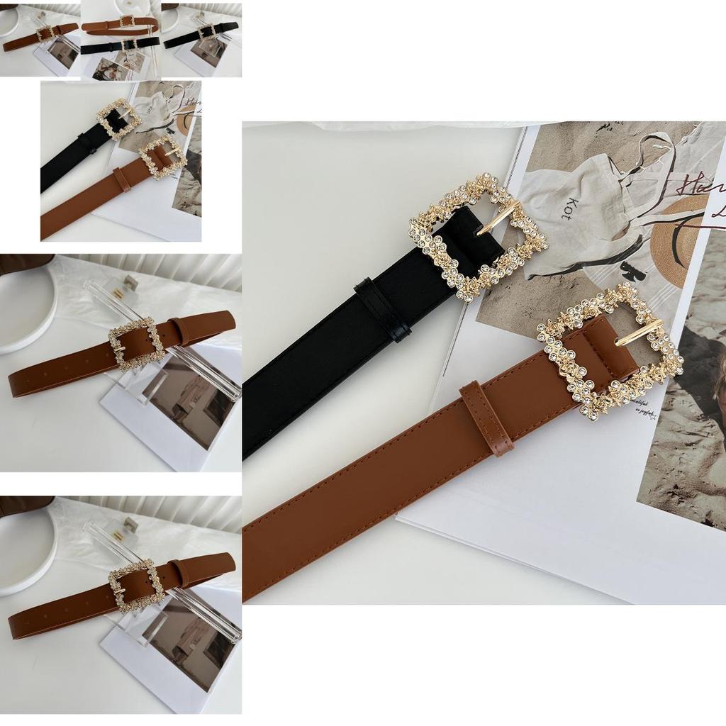 Stylish New Alloy Buckle Women's Belt Perfect For Dresses And Coats With Rhinestone Detailing In Black And Camel Color